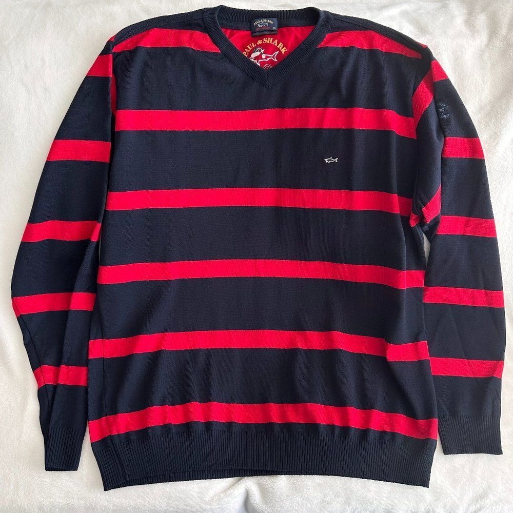 Paul & Shark Sweater Mens 3XL Wool Yachting Cool Touch Light Red Blue Stripe